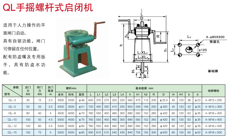 手摇螺杆式启闭机QL型技术参数大全